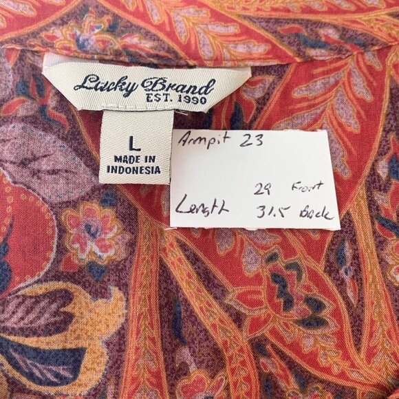 Lucky Brand Women Large Paisley Floral Button Up Top Red Burnt Orange Boho Fall - Picture 2 of 11